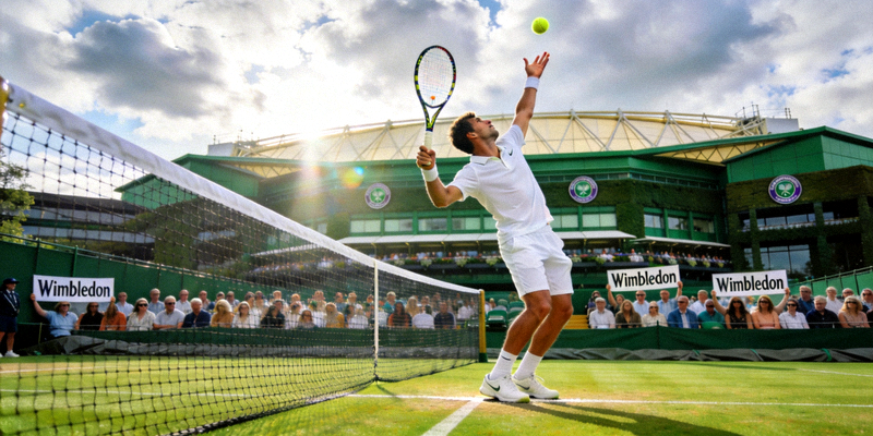 温布尔登网球锦标赛中央球场，选手正在发球